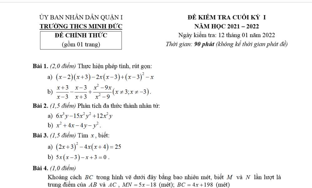 Toán 8-Đề kiểm tra cuối kì 1 Trường THCS Minh Đức-Quận 1 năm học 2021-2022
